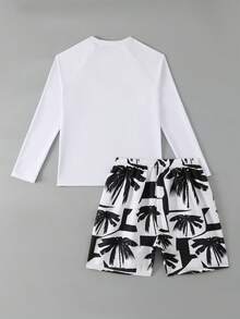 SHEIN Bộ 2 món đồ bơi cho bé trai tuổi teen, áo chống nắng dài tay màu trắng với họa tiết cây cọ và hoàng hôn tối giản, quần bơi họa tiết hình học màu đen, thiết kế cổ tròn cổ điển, thời trang, thoải mái, mát mẻ, thích hợp cho bơi lội, kỳ nghỉ hè, bãi biển, tiệc bể bơi. - Đen và trắng - Xem 2