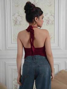Criza Taa Áo hai dây hở lưng gợi cảm thời trang thắt nút viền xẻ tà hở lưng - Màu Đỏ Sâu - Xem 7