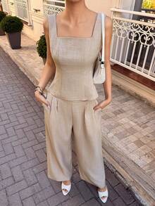 Siren Gaze 2pcs Women Elegant Bow Backless Top And Casual Straight Leg Pants Set,Beige,Summer,Tea Party,Daily Wear,Business Casual,Teacher Attire,Office Wear - Apricot - View 4