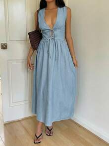 Đầm denim nữ cổ chữ V xếp ly, kiểu dáng thường ngày. - Màu xanh lam - Xem 7
