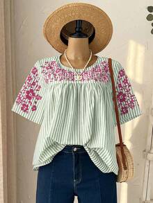 Rusticease 大码女式春季休闲度假短袖条纹印花衬衫 - 薄荷綠 - 查看 8