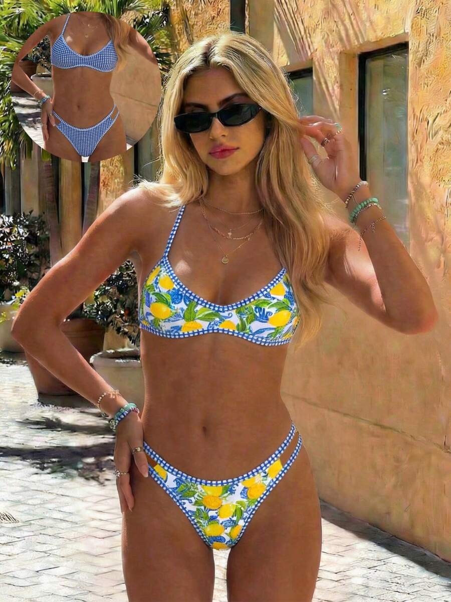 Swim Mod 女士夏季新款沙滩度假比基尼套装，双面柠檬花果复古印花撞色格纹两件式比基尼套装，性感露背抹胸泳衣，适合沙滩、游泳、度假 - 彩色 - 查看 1