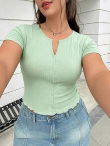 SHEIN EZwear 薄荷绿V领纯色T恤，大码女款 - 薄荷綠 - 查看 1