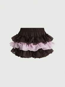 ROMWE Kawaii Women's Contrast Color Layered Ruffle Skorts - Brown - View 2