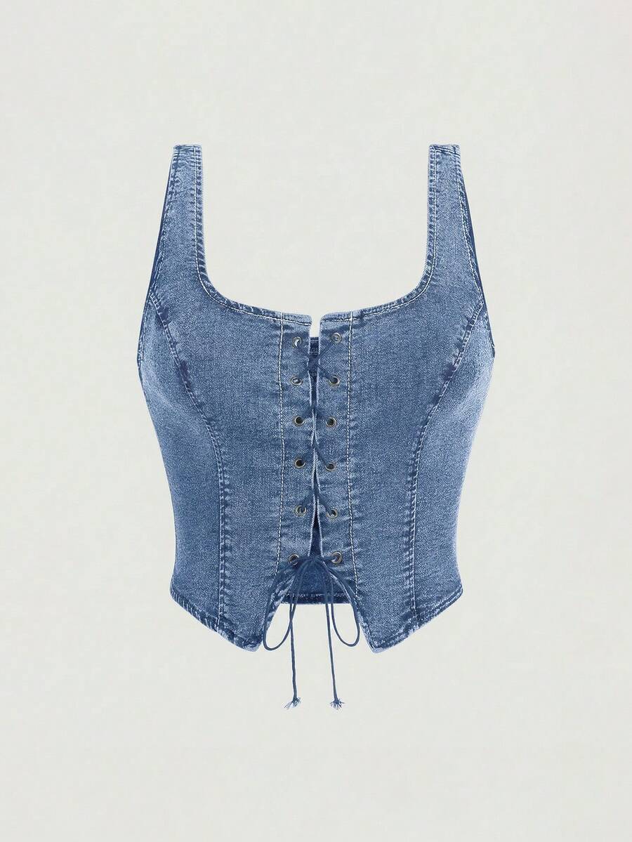 SHEIN MOD 大码女式无袖牛仔上衣,带镂空系带设计 - 淺色水洗藍 - 查看 1