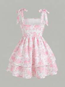 SHEIN Girlism Tween Girl White And Pink Spaghetti Strap Bow Ruched A-Line Layered Ruffle Ditsy Floral Mesh Dress,Summer Casual Party Picnic Graduation Holiday Wear - Pink - View 2