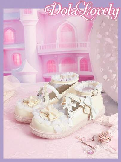 Dola Lovely Giày nữ màu be mũi tròn đế xuồng đế dày kiểu Mary Jane, trang trí tai thỏ dễ thương, phong cách Lolita, JK, thích hợp cho tiệc sinh nhật.
