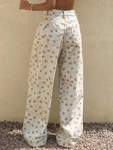 Livesso 女士碎花阔腿宽松休闲牛仔裤 - 白色 - 查看 2