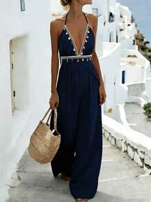 SHEIN ChicEase Bohemian Style Backless High Waist Wide Leg Jumpsuit With Beaded Fringe Trim, Plunging V-Neck, Relaxed Fit Slimming Design, Vacation Beach Wear - Navy Blue - View 1