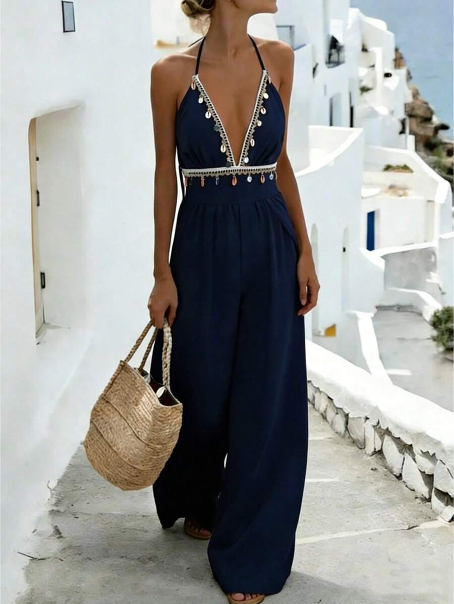 SHEIN ChicEase Bohemian Style Backless High Waist Wide Leg Jumpsuit With Beaded Fringe Trim, Plunging V-Neck, Relaxed Fit Slimming Design, Vacation Beach Wear - Navy Blue - View 1