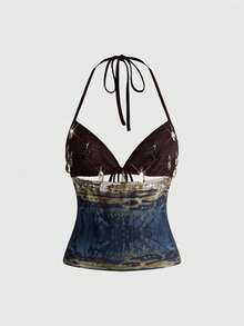ROMWE Goth Áo sườn xám biển sâu, họa tiết bất đối xứng, chất liệu lông giả, thiết kế khoét rỗng, ôm sát cơ thể, cổ yếm. - Nhiều màu - Xem 1