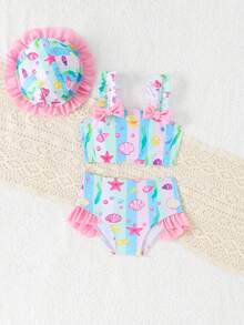 SHEIN 3件套女婴泳衣套装，饰有蝴蝶结、可爱贝壳、海星、海藻印花和花朵滚边，适合游泳、玩水、度假，包含一顶可爱的帽子 - 彩色 - 查看 3
