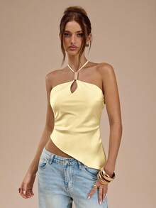 SHEIN BAE Blusa elegante sin espalda con cuello halter en color albaricoque y blanco para mujer, top satinado sexy y elegante, para primavera/verano - Amarillo - Ver 7