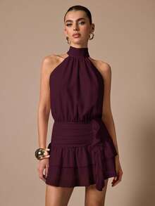 SHEIN BAE Elegant Burgundy Summer Sleeveless Ruffle Hem Fitted Mini Sundress,Women's Sweet Cute Dress For Dates,Parties,Weddings,Bar Party & Birthday - Maroon - View 6