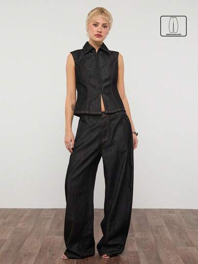 COUREZ Low Rise Mid Balloon Jeans In Rinse Wash With Seaming Detail/ Y2K Summer Clothes For Women Black Jeans Going Out Outfits Festival Outfits Concert Outfits Summer Bottoms