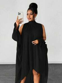 Maweii Vestido elegante de cuello mao de unicolor con bajo asimétrico para tallas grandes - Negro - Ver 5