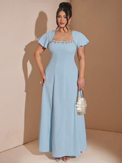 SHEIN BAE Plus Size Solid Color Long Square Collar Ruffle Hem Dress