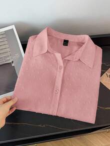 SHEIN CURVE+ Kemeja Kancing Titik Bulat Kasual Modis untuk Wanita Ukuran Plus - Berwarna merah muda - View 3