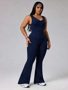 Rhythm Era Plus Size Women Solid Color Flared Sleeveless Jumpsuit - Navy Blue - View 4