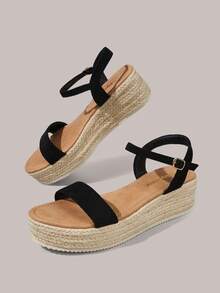 Styleloop Sandalias de cuña de plataforma casual de unicolor tejidas de moda para mujer, estilo bohemio de vacaciones, suela de lona vintage francesa, parte superior de franela, tacón de cuña, correa de tobillo, estilo occidental, ropa para festivales de música, zapatos de primavera y verano, primavera, Pascua - Negro 1 - Ver 4