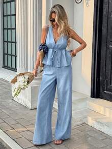 Serisse Bộ đồ denim nữ mùa hè kiểu dáng thường ngày gồm áo tank top buộc dây phía trước, viền bèo nhún và quần jeans. - Rửa nhẹ - Xem 5