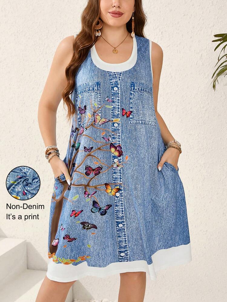 Plus Size Women's Denim Print Casual Dress,Summer Outfits For Women, Beach Outfit For Women ,Casual Blouses For Women ,Vacation Outfits Women,Country Concert Outfit,Casual Dresses For Women,Floral Dress