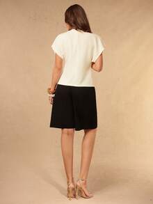 Silquee Elegant Cream White V-Neck Batwing Sleeve Fitted Top,Semi Formal Summer Blouse For Women,Perfect For Work,Office,Vacations And Social Occasions - Apricot - View 2