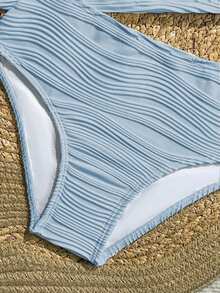 SHEIN Tween Girl Metal 3D Floral Halter Tankini Set,Blue Texture Design Two-Piece Swimwear With High-Waisted Briefs,Summer Tropical Beach Vacation Holiday - Baby Blue - View 4