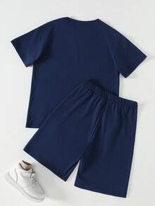 SHEIN Vacaura 2pcs/Set Young Boy Casual Printed Short Sleeve Round Neck T-Shirt And Shorts Set,Summer,Beach,Holiday,Outdoor Activities,Sports Wear - Navy Blue - View 2