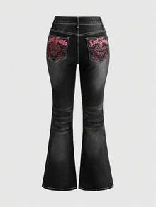 ROMWE Grunge Punk Women's Leopard Print Embroidered Jeans - Black - View 2