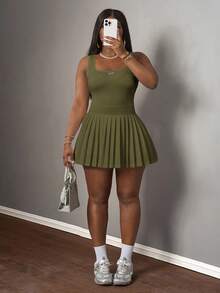 Slaydiva New Spring & Summer Casual Basic U-Neck Racerback Vest With Black Label & White Text, Pleated Skirt Shorts & Culottes, Knit Fabric Women Mini Dress - Army Green - View 9