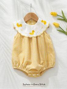 Cozy Pixies Baby Girl Cartoon Duck Pattern Contrast Color Lapel Sleeveless Romper - Yellow - View 10