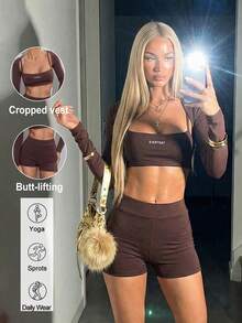 SHEIN ICON 2026 New Arrive 3pcs/Set Women Casual Spaghetti Strap Shorts And Crop Top,Spring&Summer - Brown - View 9