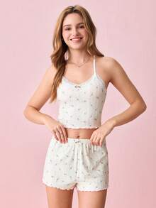 Bonmuse Ditsy Floral Knit Fitted Women's Pajamas Set Floral Pajama Set Two Piece Summer Set Bountiful Floral Splendor  Cozy And Elegant Detailsfor Summer - Beige - View 1