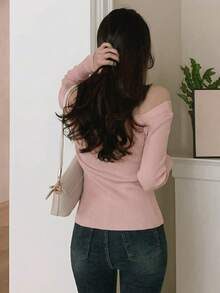 DAZY Cardigan Wanita Kasual Warna Polos dengan Kerah Asimetris - Berwarna merah muda - View 3
