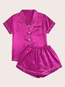 LuxeNights Conjunto de pijama de satén con ribete de contraste en color rosa neón - Rosa Fucsia - Ver 6