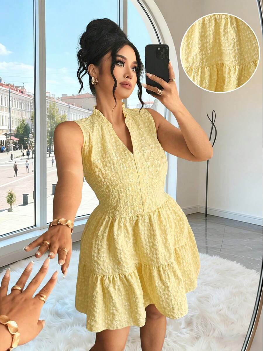 Elenzga Đầm dự tiệc thanh lịch cổ chữ V dáng rộng không tay dành cho nữ cỡ lớn, chất liệu vải có họa tiết, đầm hè dễ thương cho nữ, đầm chất lượng tốt, đầm mới về cho nữ, đầm mặc thường ngày - Màu vàng - Xem 1