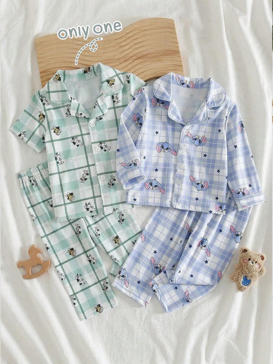 Bộ đồ 2 món cho bé trai, gồm áo khoác cardigan cổ polo và quần họa tiết hình chó hoạt hình kẻ caro, trang phục mặc nhà thoải mái và giản dị, thích hợp cho mùa xuân/hè. - màu xanh lá - Xem 1