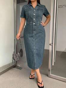 Dazy Plus Đầm maxi denim ngắn tay màu xanh đậm ôm sát, trang phục denim mùa hè. - Rửa trung bình - Xem 2