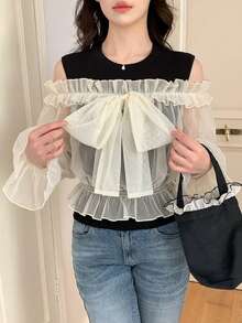 FRIFUL Women's Solid Color Sheer Mesh Fabric 2 In 1 Bowknot Frill Trim Sleeve Fitted Casual Versatile Two Pieces Set - Beige - View 4