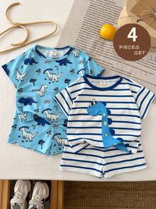 LMoss Kids 4件套男婴宽松休闲可爱卡通恐龙图案睡衣，适合夏季穿着 - 彩色 - 查看 2