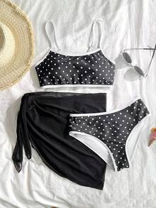 SHEIN Tween Girl Summer Vacation Beach Polka Dot Print Trim Spaghetti Strap Bikini Set - Black - View 2