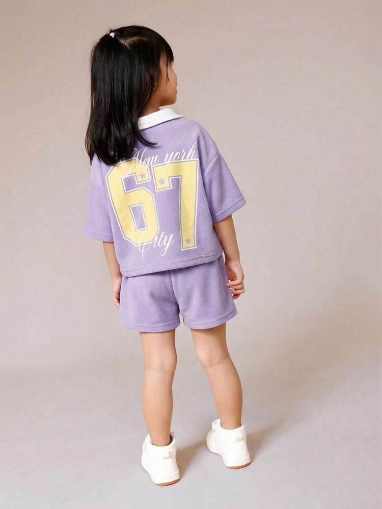 걸 라벤더 폴로 스타일 화이트 대비 칼라 및 숫자 프린트 투피스 코디 세트
