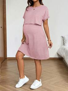 SHEIN Striped Print Round Neck Casual Short Sleeve Nursing Dress For Summer - Pink - View 5