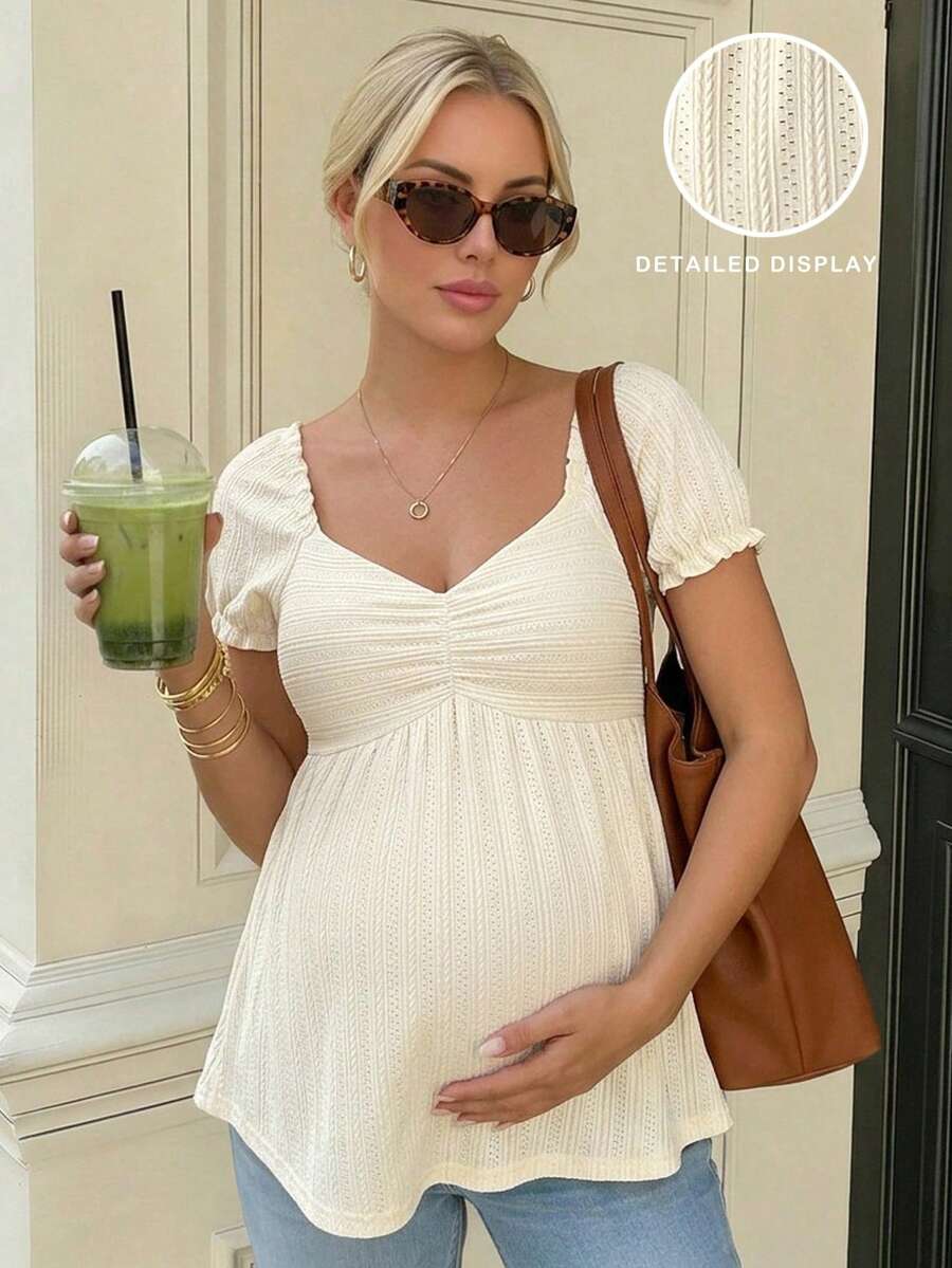 Maternity Casual Vacation Daily Commute Sweetheart Neck Petal Sleeve Ruched Bust Babydoll Top, Summer - Apricot - View 1