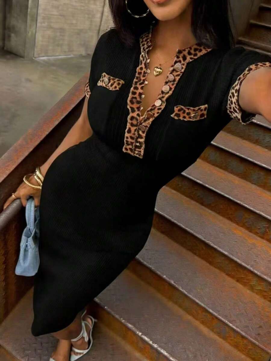 Women's Casual Leopard Print Patchwork Sweater Dress - Black - View 1