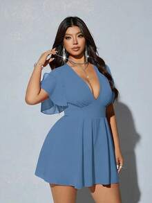 Viva Relle Plus Size Elegant Solid Color V-Neck Ruffle Trim Jumpsuit, Summer - Blue - View 2