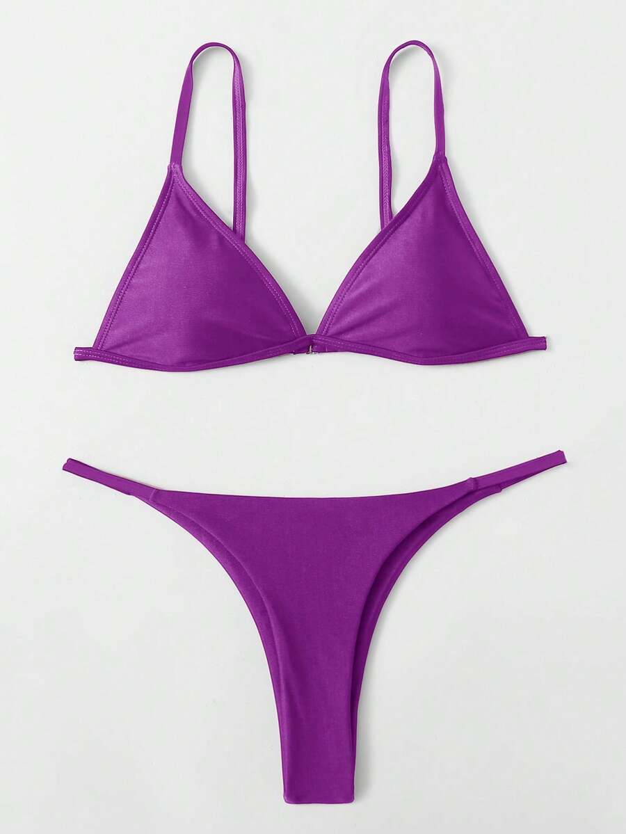 SHEIN Swim Women's Summer Beach Solid Color Sexy Bikini Swimsuit Set - Red Violet - View 1