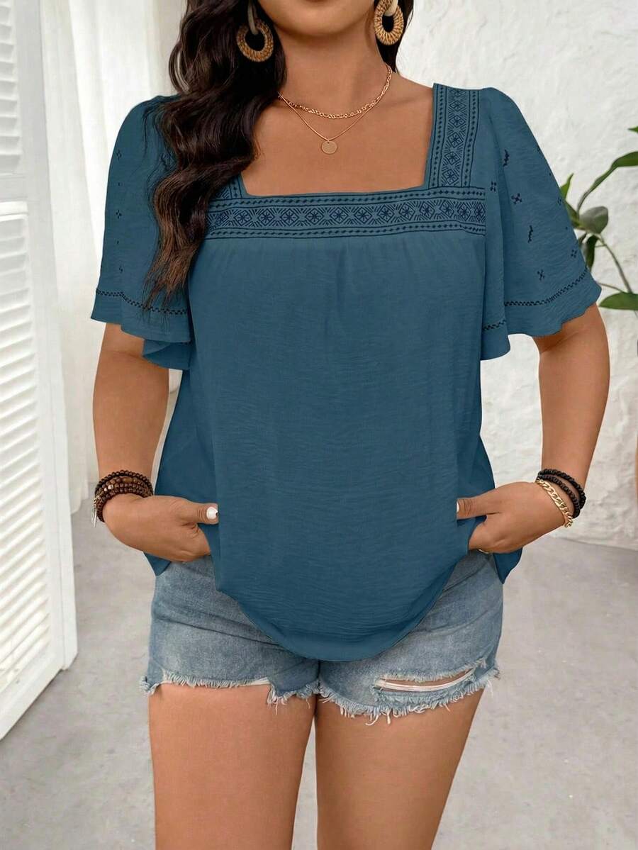 SHEIN LUNE 大码女式刺绣方领荷叶袖短袖衬衫，百搭时尚休闲通勤简约风格，适合春夏穿着 - 藍色 - 查看 1