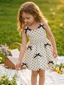 Süßes Kleid für Kleine Mädchen mit 3D Schleifen Dekor, Träger Taille geraffte Laternensaum Kleid, Kinder Sommer Lässig Urlaubs Chic Stil - Weiss - Übersicht 3